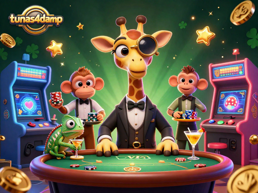 Engage with tunas4damp’s vibrant casino scene featuring a high-roller giraffe and colorful gaming elements.