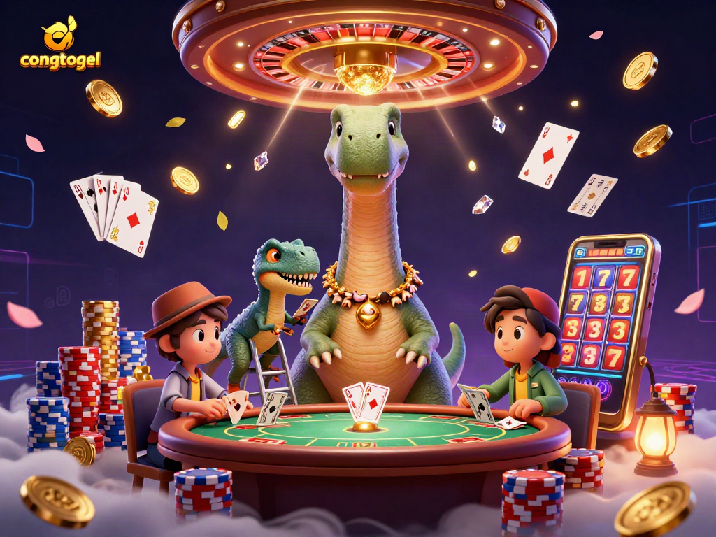 congtogel high-energy illustration showcasing a lively casino scene with dynamic characters and gaming elements