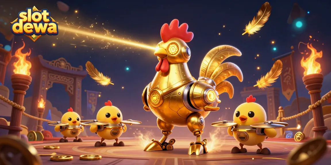 Slot dewa, robot ayam emas dengan laser, berperang dalam arena penuh hiasan judi.