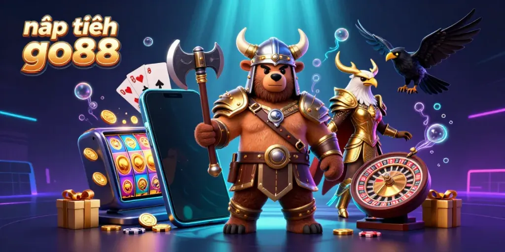 Engage with the ultimate nạp tiền go88 experience amidst Viking warriors, vibrant game elements, and dazzling bonus visuals.