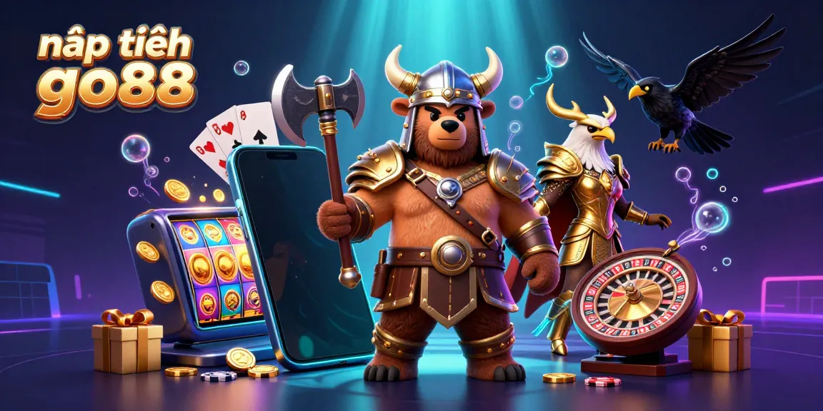 Engage with the ultimate nạp tiền go88 experience amidst Viking warriors, vibrant game elements, and dazzling bonus visuals.
