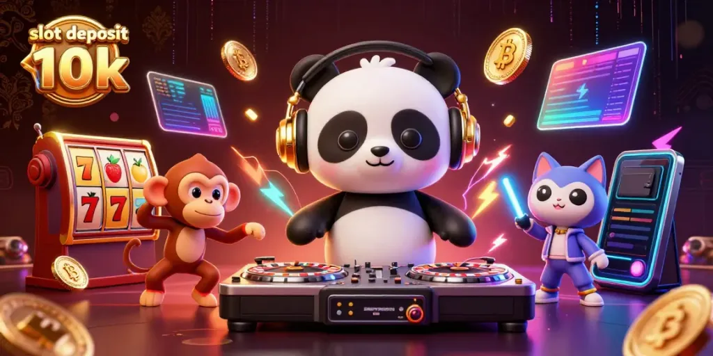 Slot deposit 10k dengan DJ panda yang memutar roulette, monyet menari, dan kucing raver.