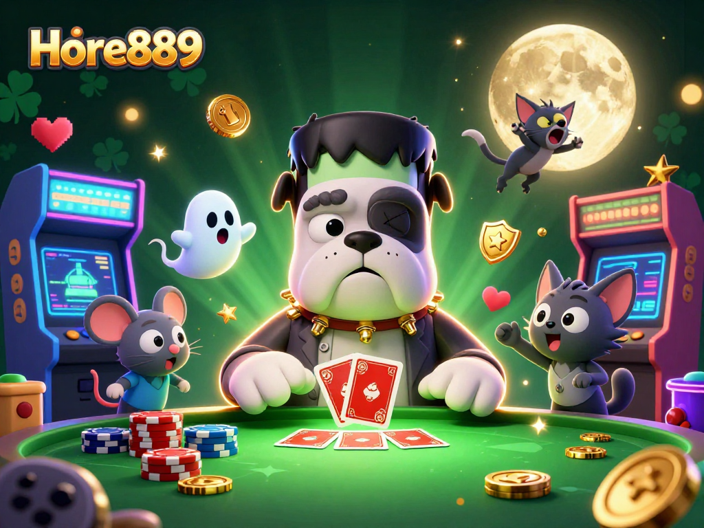 Hore889 deals thrilling casino cards with a spooky twist, featuring dynamic characters and colorful arcade elements.