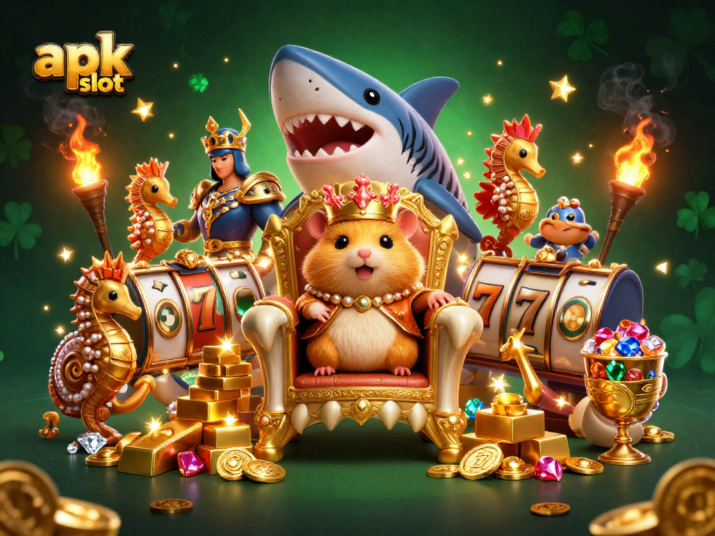 Mengaktifkan apk slot dengan raja hamster emas dan penjaga kuda laut dikelilingi harta berkilau dan slot reels