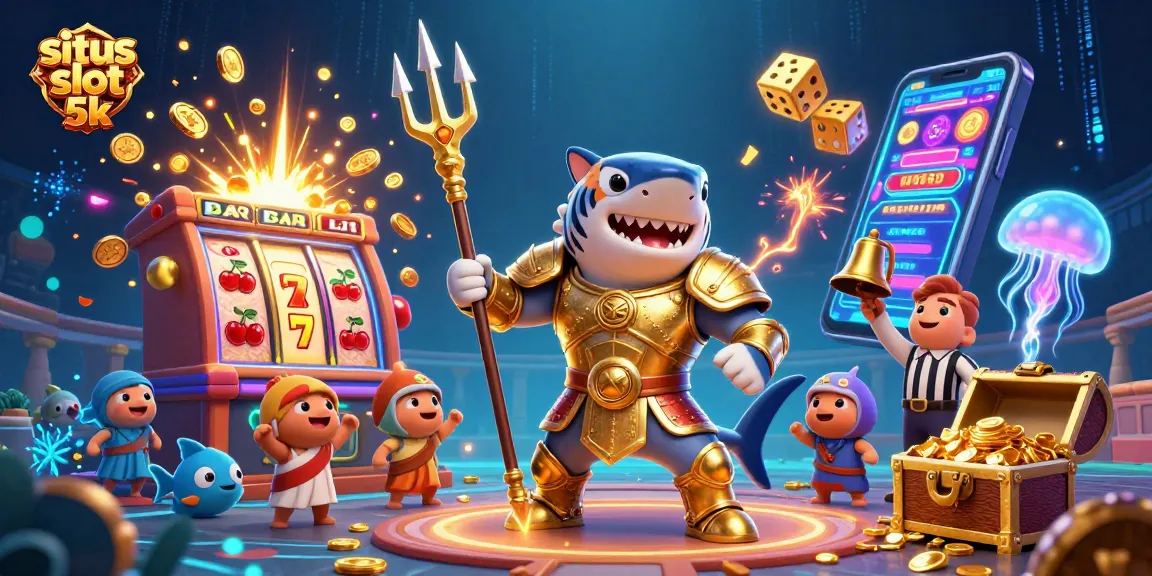 Experience situs slot 5k thrills with a vibrant 3D shark gladiator in a dynamic casino scene.