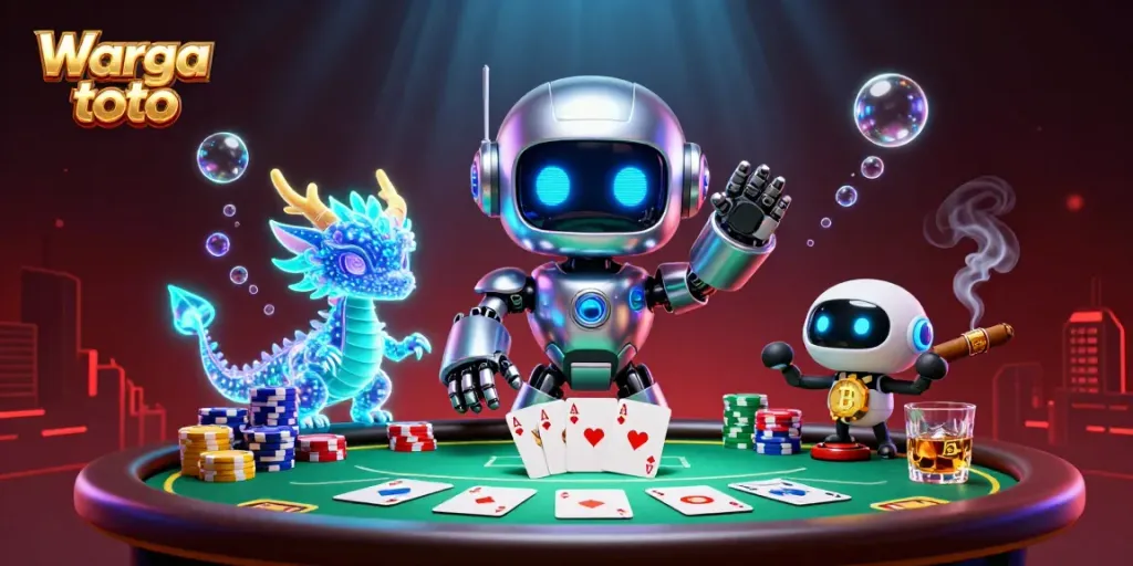 Warga toto dalam ilustrasi 3D, robot cyberpunk dan teman holografik di kasino.