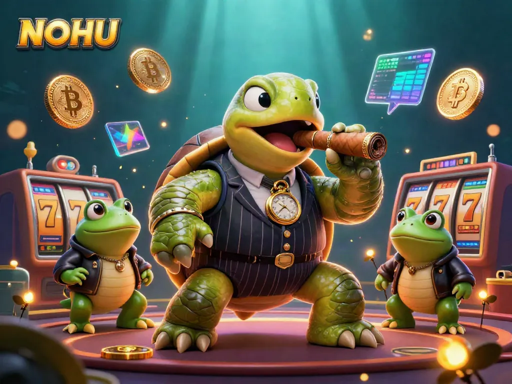 Experience the exciting world of NOHU with a 3D illustration featuring a snapping turtle mobster and casino elements.
