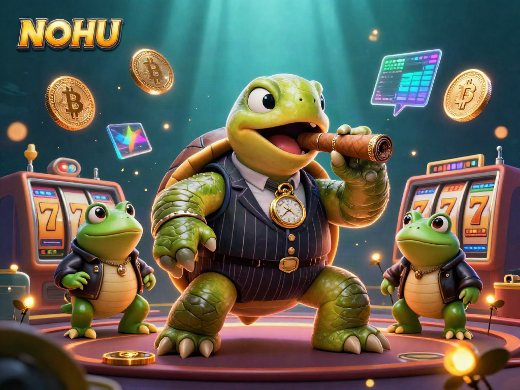 Experience the exciting world of NOHU with a 3D illustration featuring a snapping turtle mobster and casino elements.