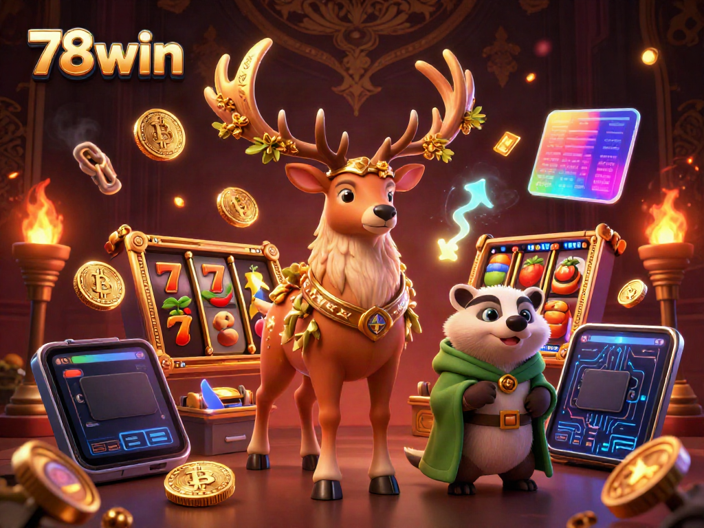 Engage with 78win's colorful slot game scene featuring a druid stag and wise badger amid coins and jackpots.