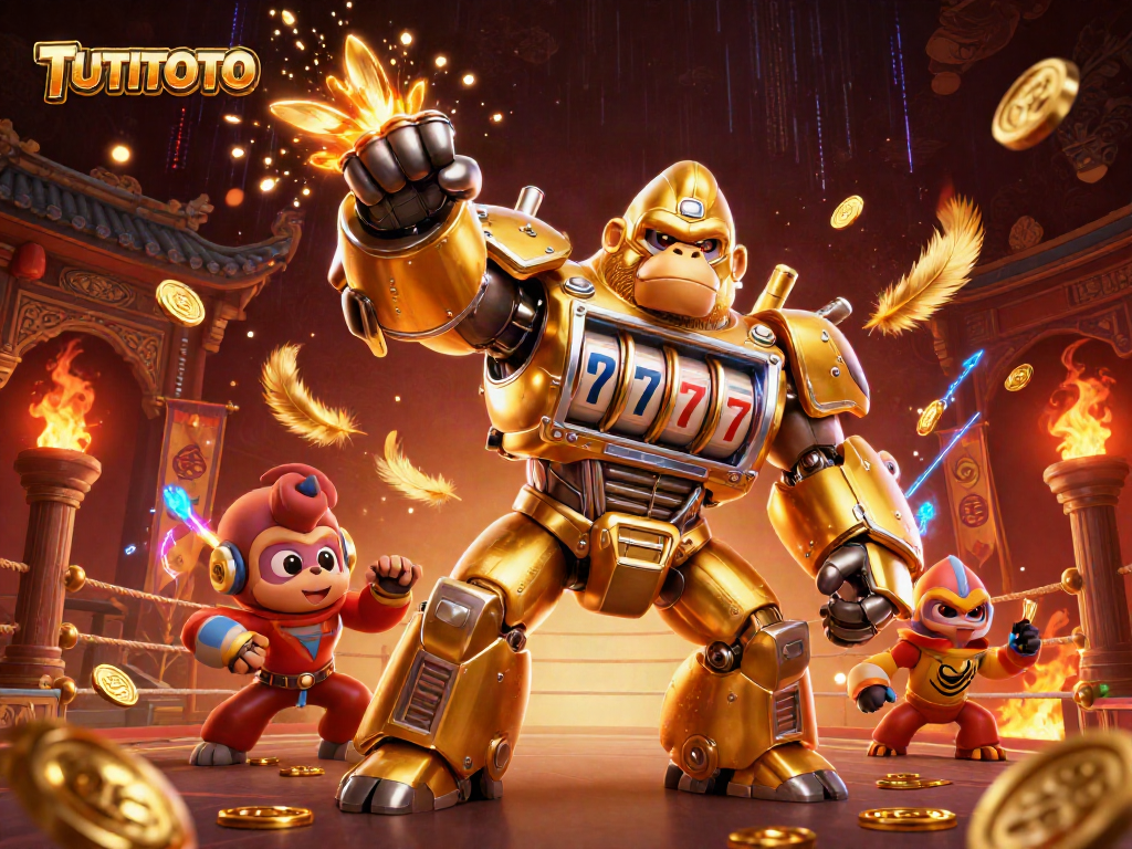 Engage with the dynamic TUTITOTO universe featuring a golden mech and vibrant casino elements.