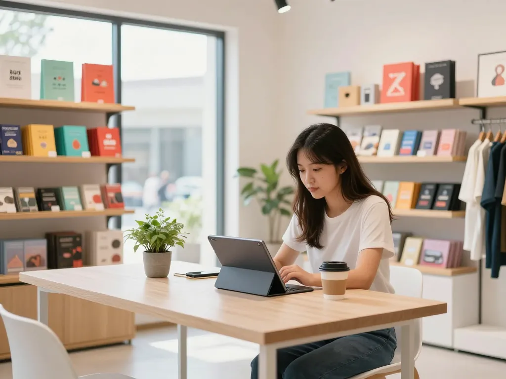 Customer exploring RANDOM88 products in a vibrant retail space with tablet.