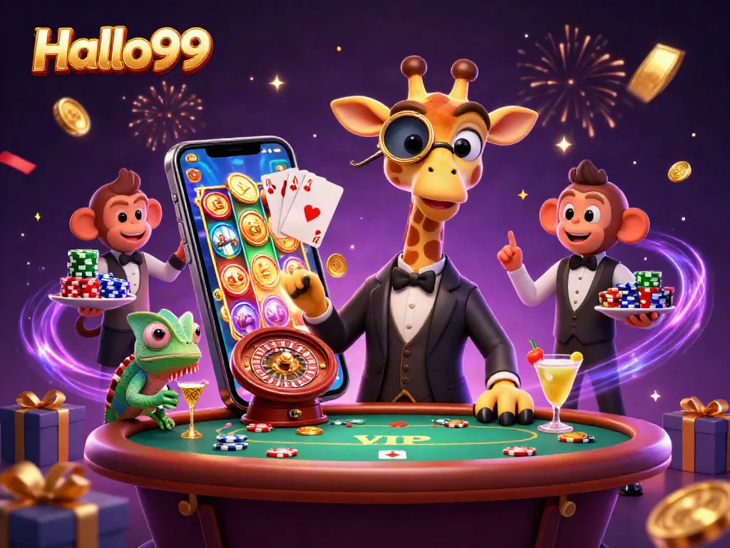 Experience winning thrills at Halo99 with a giraffe, monkey valet, and chameleon bartender in action.