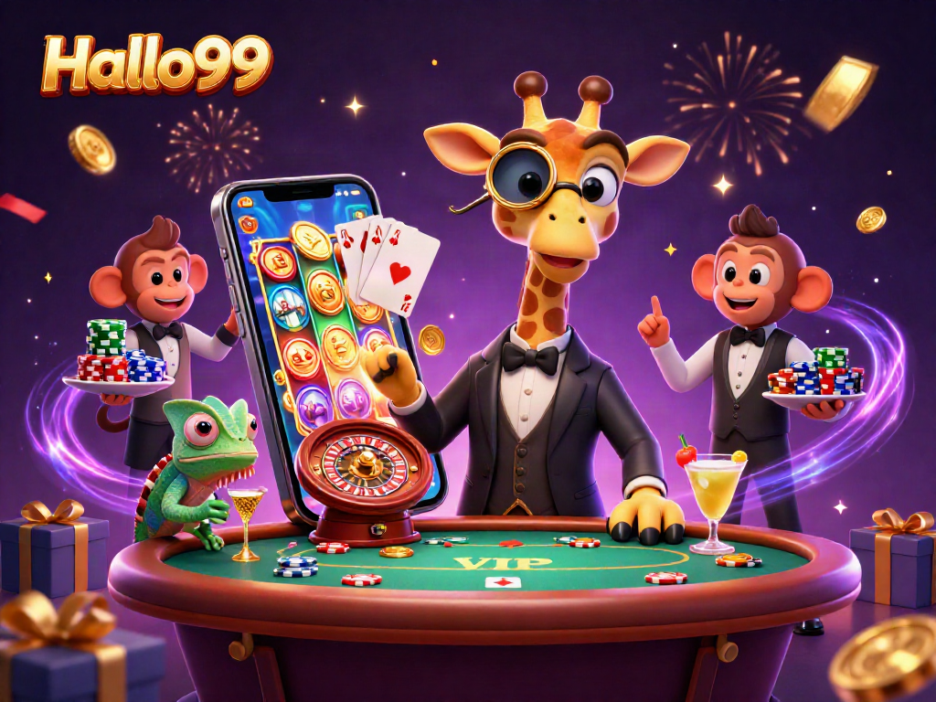 Experience winning thrills at Halo99 with a giraffe, monkey valet, and chameleon bartender in action.