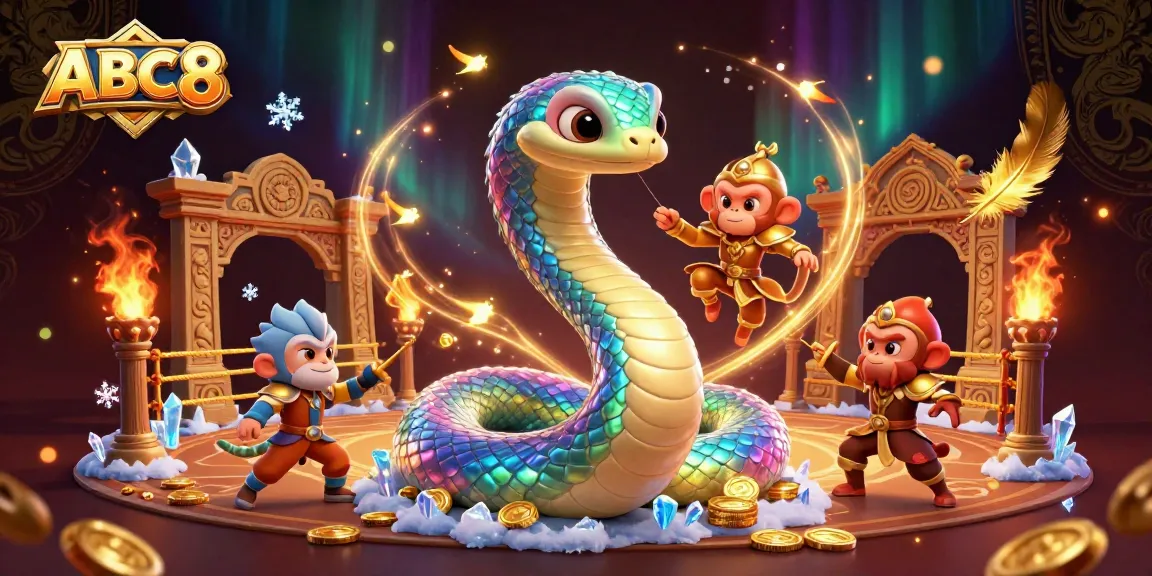 ABC8's vibrant online casino realm featuring a colorful rainbow serpent and a golden monkey king amidst dynamic gaming elements.