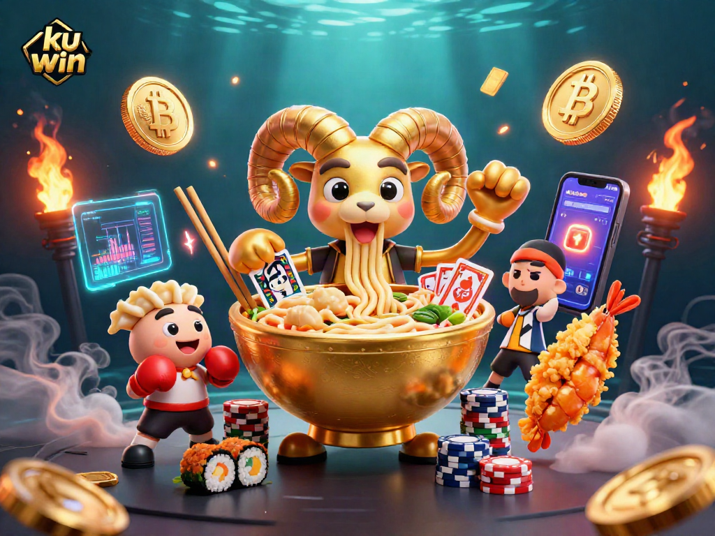 Engage with the thrilling ku win casino scene featuring a golden ramen bowl dealer amidst vibrant game elements.