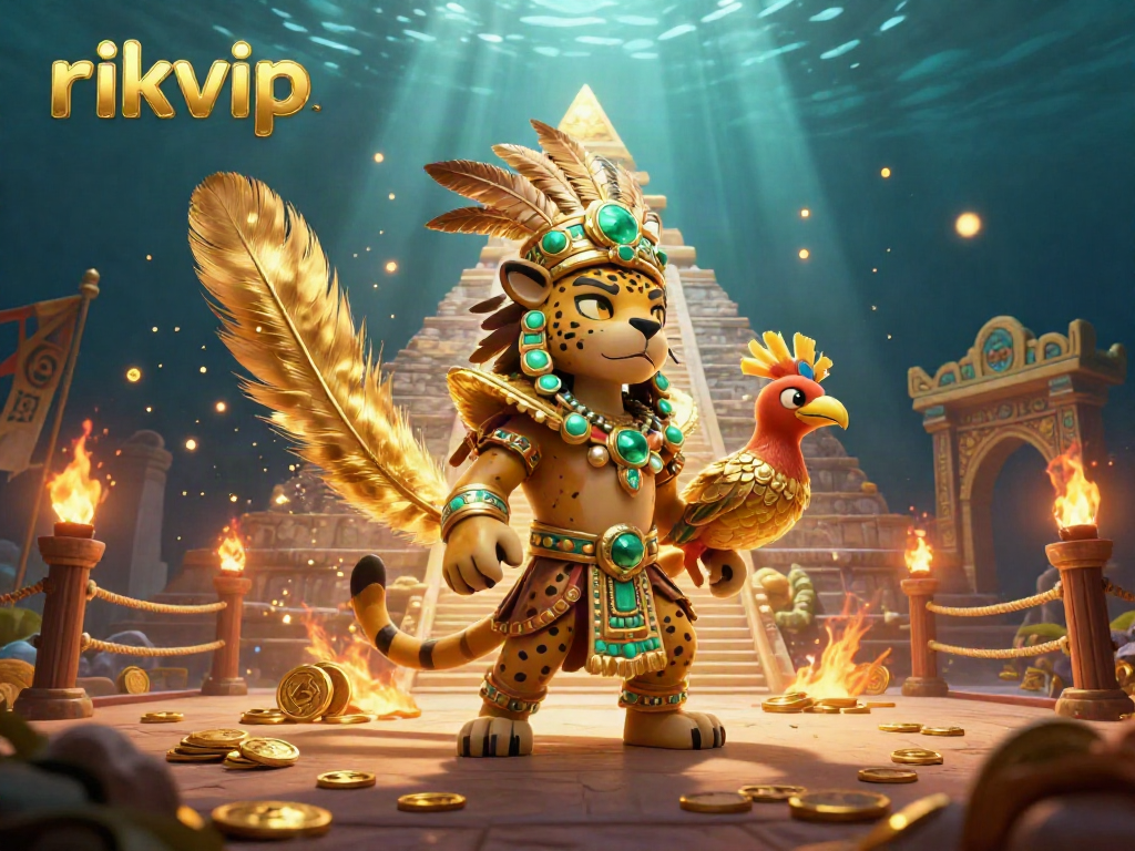 Engage with the vibrant rikvip atmosphere, featuring a Mayan priest and a quetzal bird in a thrilling gambling scene.