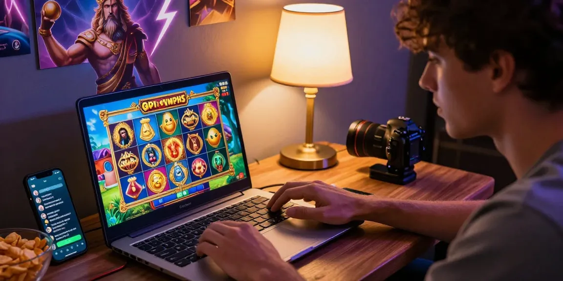 IMBAGACOR: Pemain slot Gates of Olympus di laptop dalam suasana permainan yang ceria dan penuh warna.