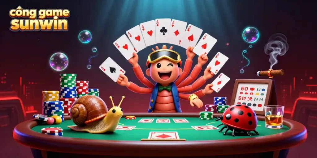 Experience thrilling play at cổng game sunwin with colorful poker chips and energetic characters.