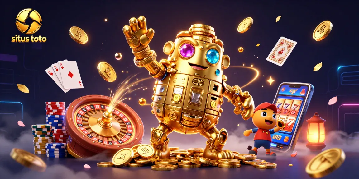 Mendapatkan kemenangan di situs toto dengan golem emas mengelilingi koin berkilau dan elemen kasino menarik.