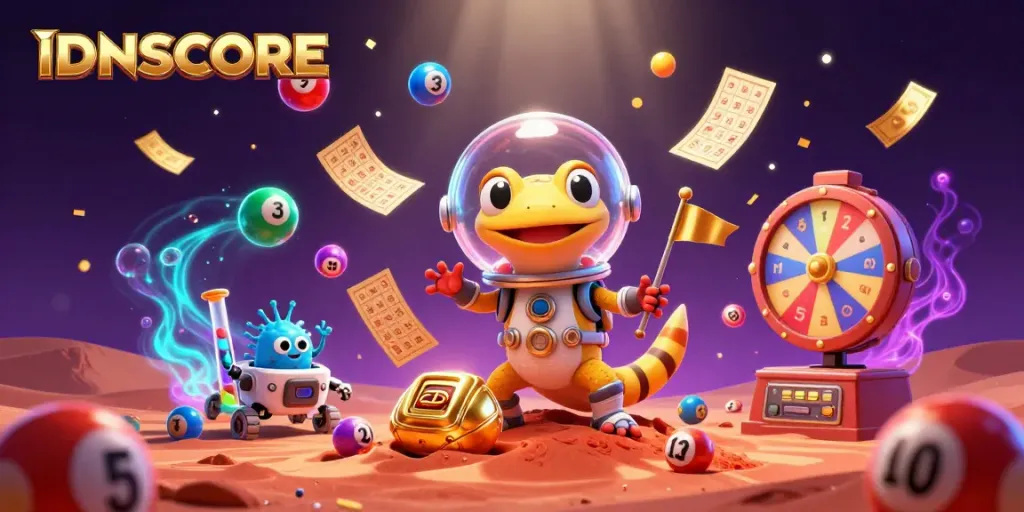 IDNSCORE presents a dynamic 3D casino scene featuring a Martian gecko uncovering treasures.