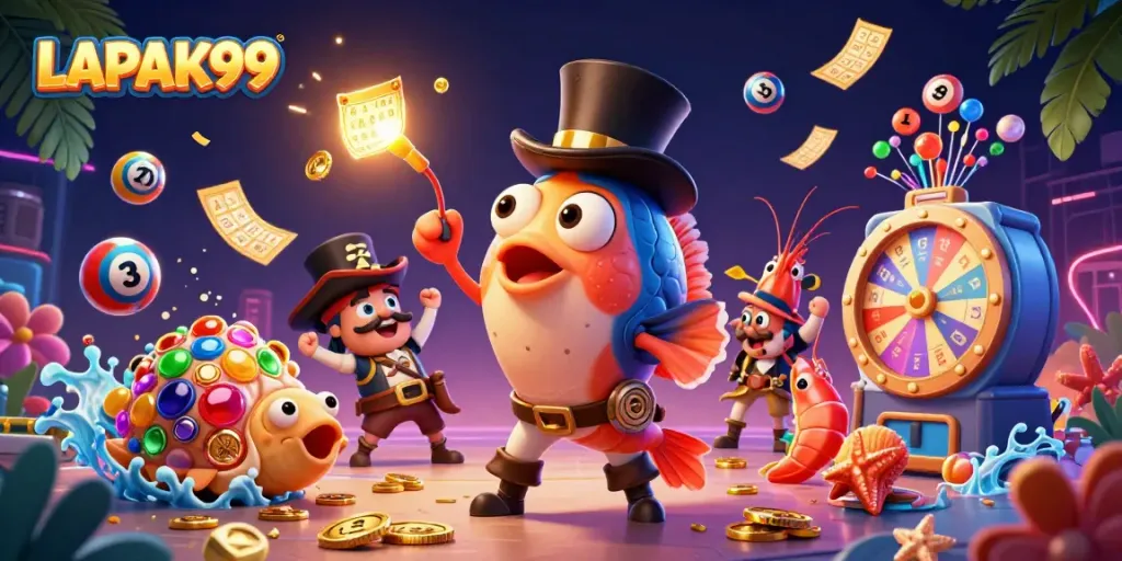 LAPAK99 attracts excitement with an anglerfish, pirate shrimp, and gem snail amidst dazzling lottery elements.