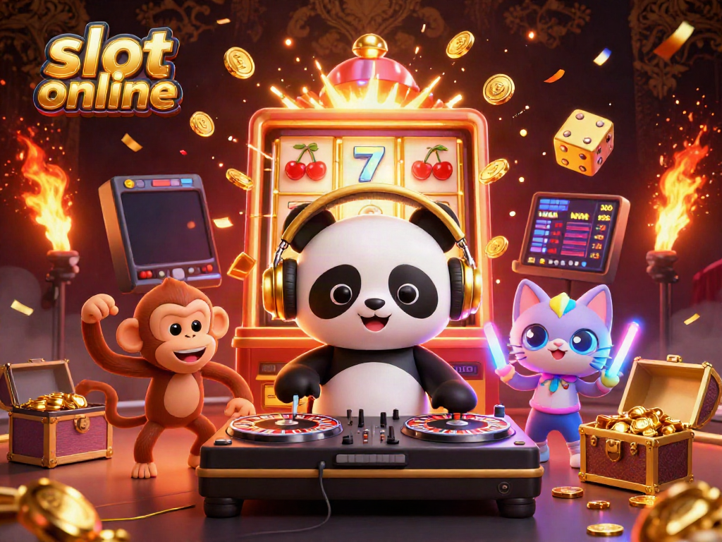 Spin and win with vibrant slot online gaming scene featuring a DJ panda, dancing monkey, and glowing kitten.