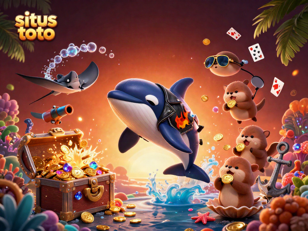 Situs toto menghadirkan ilustrasi bahari dengan paus orca, stingray, dan keluarga berang-berang laut penuh koin, semarak dan mengasyikkan.