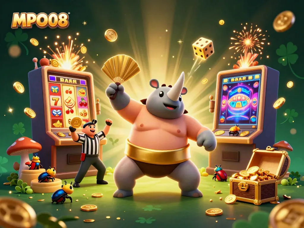 Experience the thrill of MPO08 as the beetle champion stomps winning coins in a vibrant casino scene.