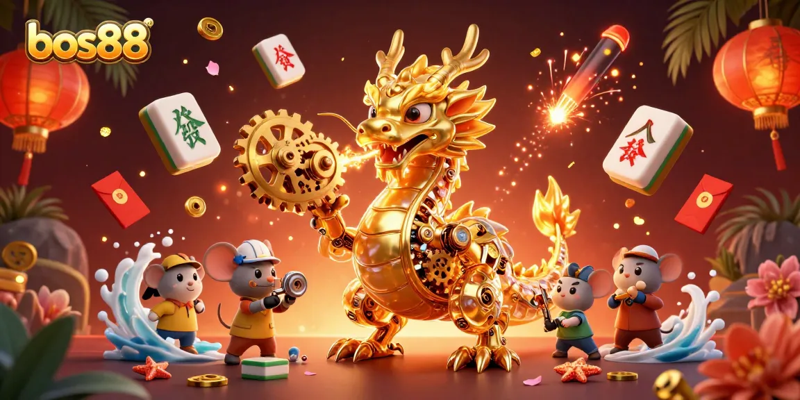 Experience the magic of bos88 with a golden dragon and festive elements in this vibrant illustration.