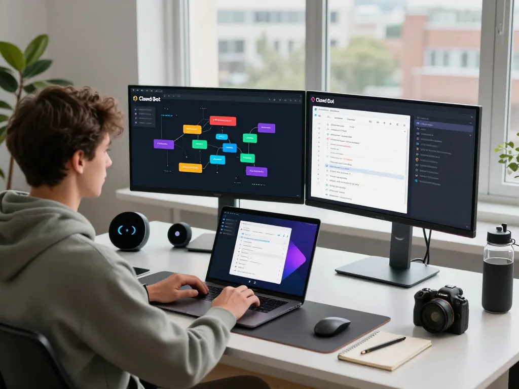 Developer using Clawd Bot in a modern workspace with dual monitors and smart devices.