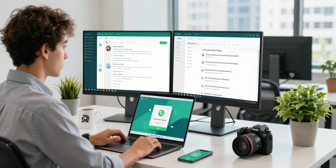 Person accessing WhatsApp網頁版 on a desktop with large monitor in a modern workspace.