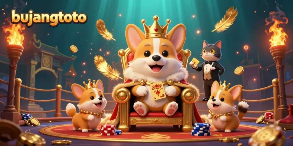 Win big with bujangtoto featuring a royal corgi and cat butler amidst a vibrant casino scene.