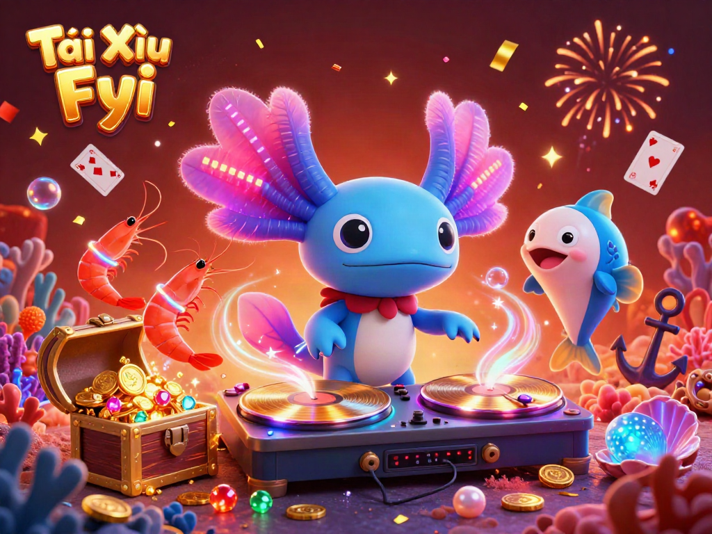 Tài Xỉu Fyi showcases a vibrant underwater casino scene with a DJ axolotl, celebrating with shrimp and a blowfish, radiant treasures and cards.