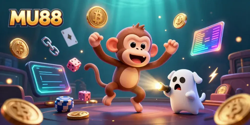 Experience MU88’s thrilling casino adventure with a mischievous monkey and ghost-hunter puppy in an ultra-detailed 3D illustration.