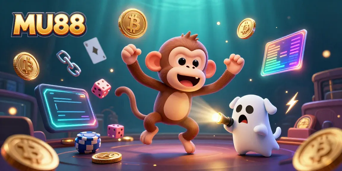 Experience MU88’s thrilling casino adventure with a mischievous monkey and ghost-hunter puppy in an ultra-detailed 3D illustration.