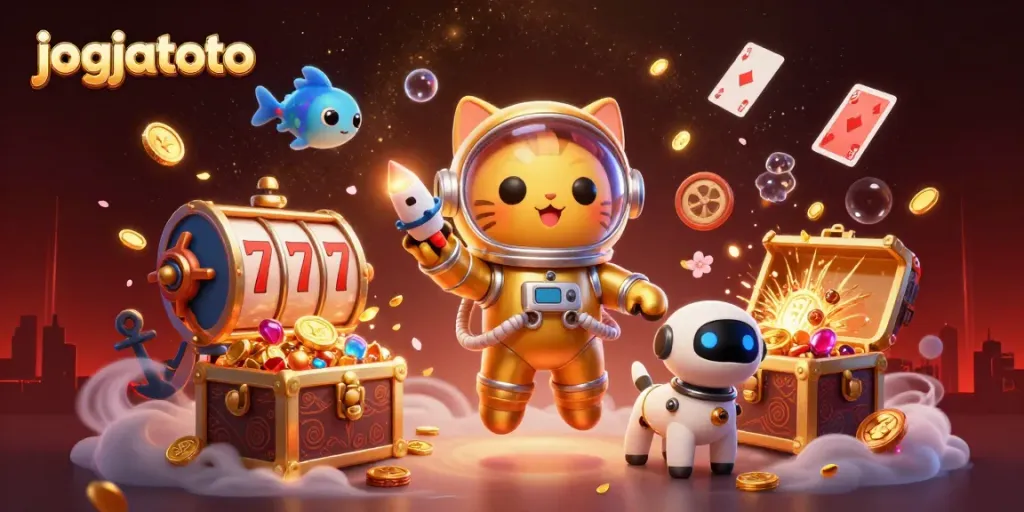 Engage with jogjatoto's thrilling gaming experience, depicted in a vibrant 3D casino scene.