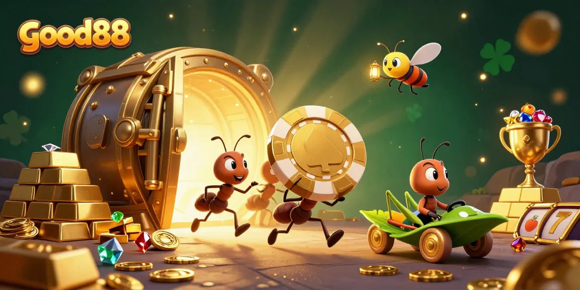 Experience exciting gaming strategies at good88 while cartoon ants carry a giant poker chip through a treasure vault heist.