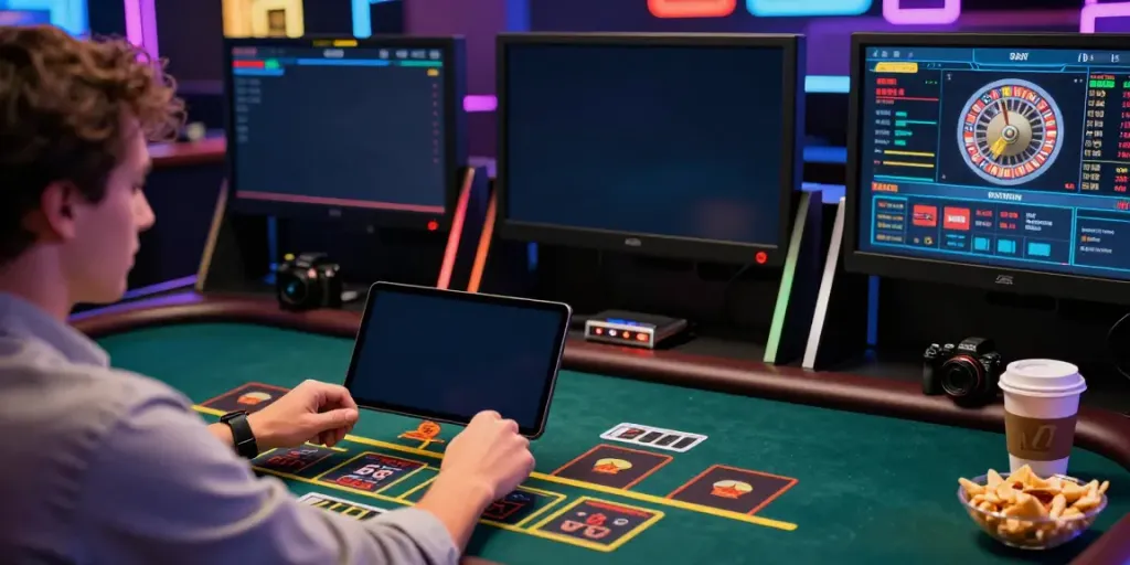 Pengalaman judi online di totowin88 dengan pemain terlibat di meja kasino langsung dan tampilan game yang cerah.