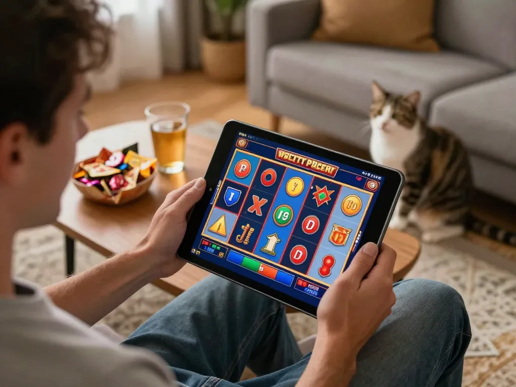 Pemain menikmati permainan slot tisu4d di tablet dalam suasana rumah yang nyaman dengan camilan.