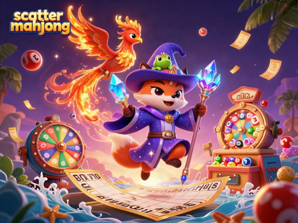 Engage in scatter mahjong with vibrant colorful elements and magical characters in a rich casino world.