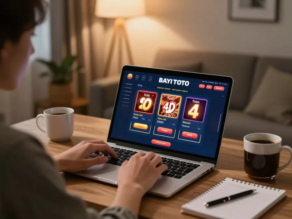 Engaging with the BAYITOTO platform for Toto Togel 4D in a cozy home setting.