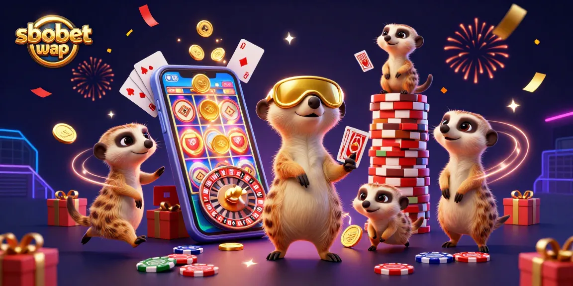 Bet on sbobet wap with lively meerkats managing an exciting casino scene filled with colorful gaming elements.
