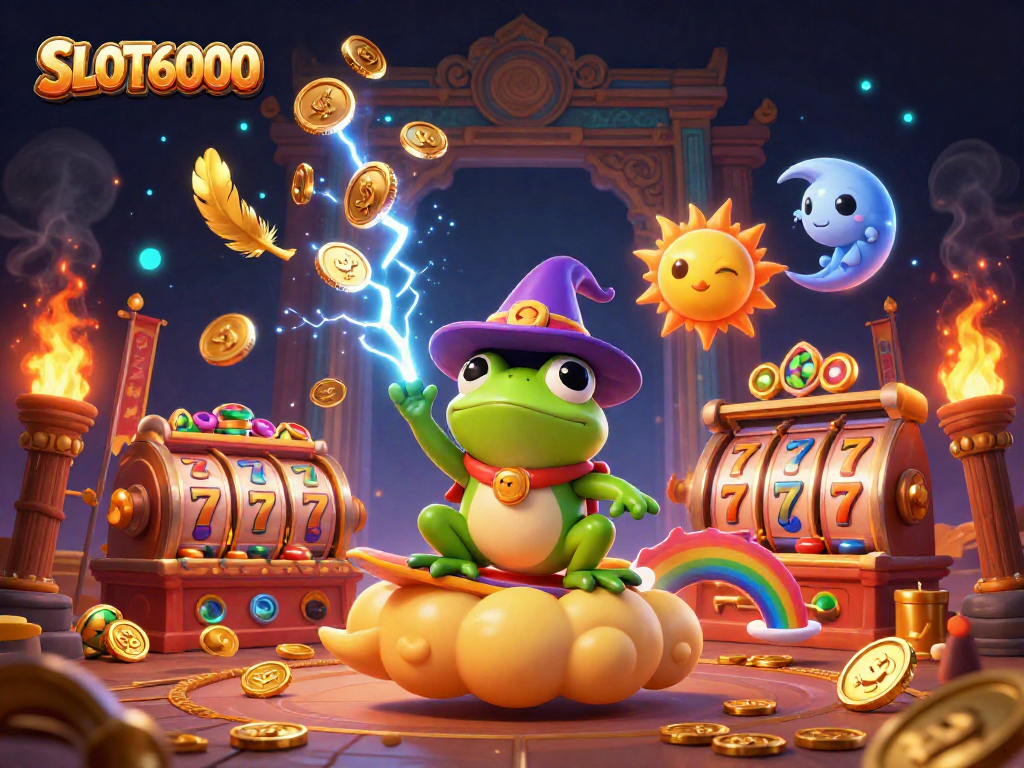 SLOT6000 captivates players with a vibrant scene of a frog wizard and chameleon amidst gold coins and slot reels.