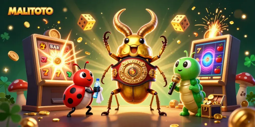 Witness a vibrant gambling scene with MALITOTO featuring a golden stag beetle champion and dynamic slot machine elements.