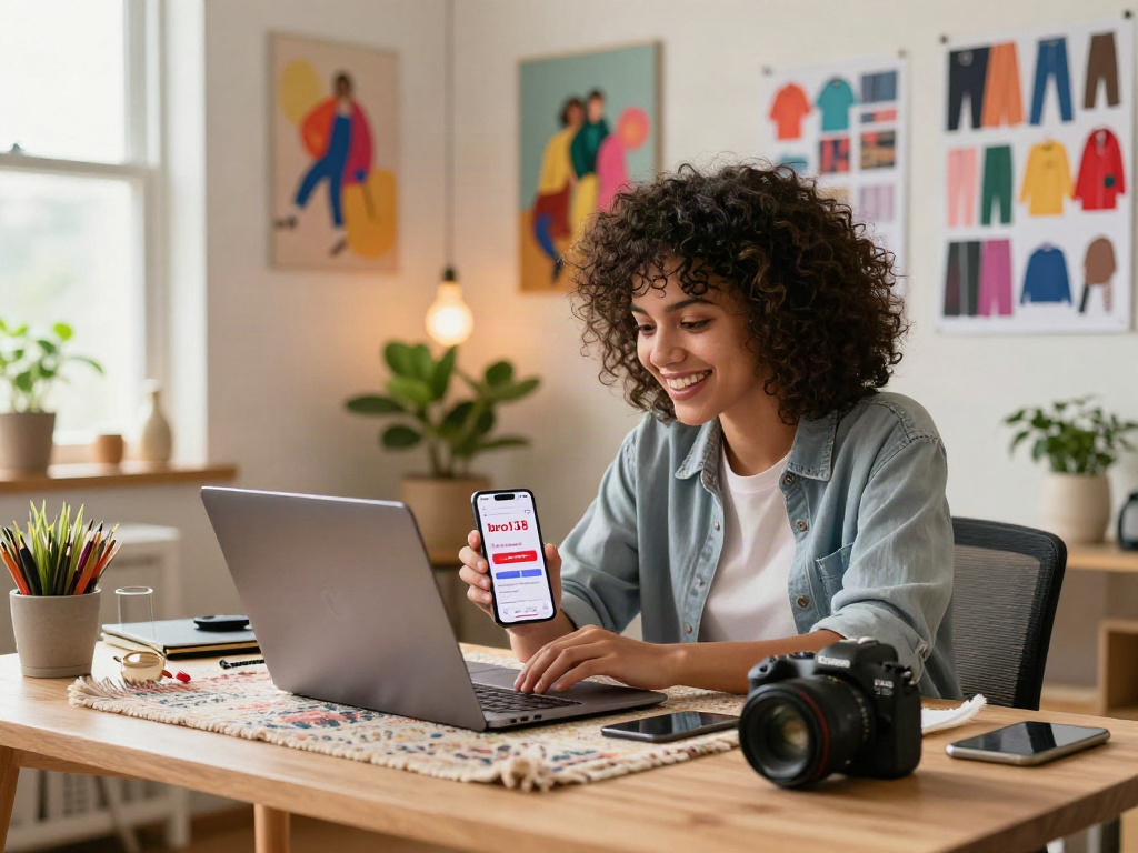 Youthful shopper using link alternatif bro138 on a stylish laptop in a vibrant e-commerce setting