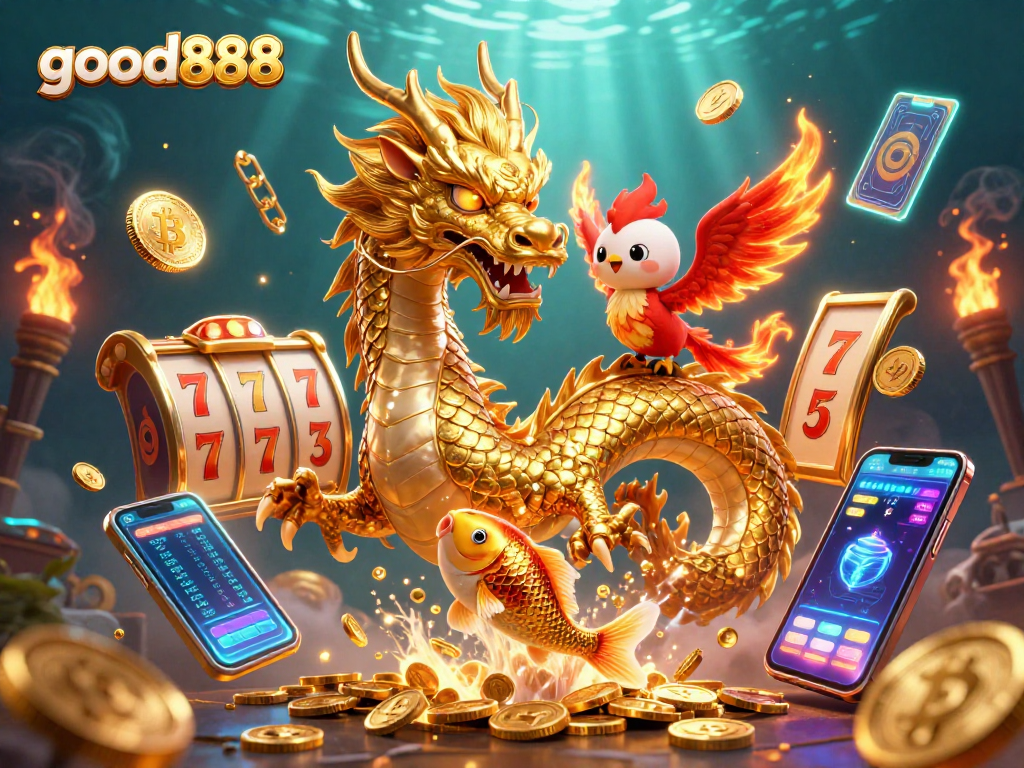 Experience thrilling gaming at good888 with golden dragon, phoenix, and koi fish in dynamic casino scene.