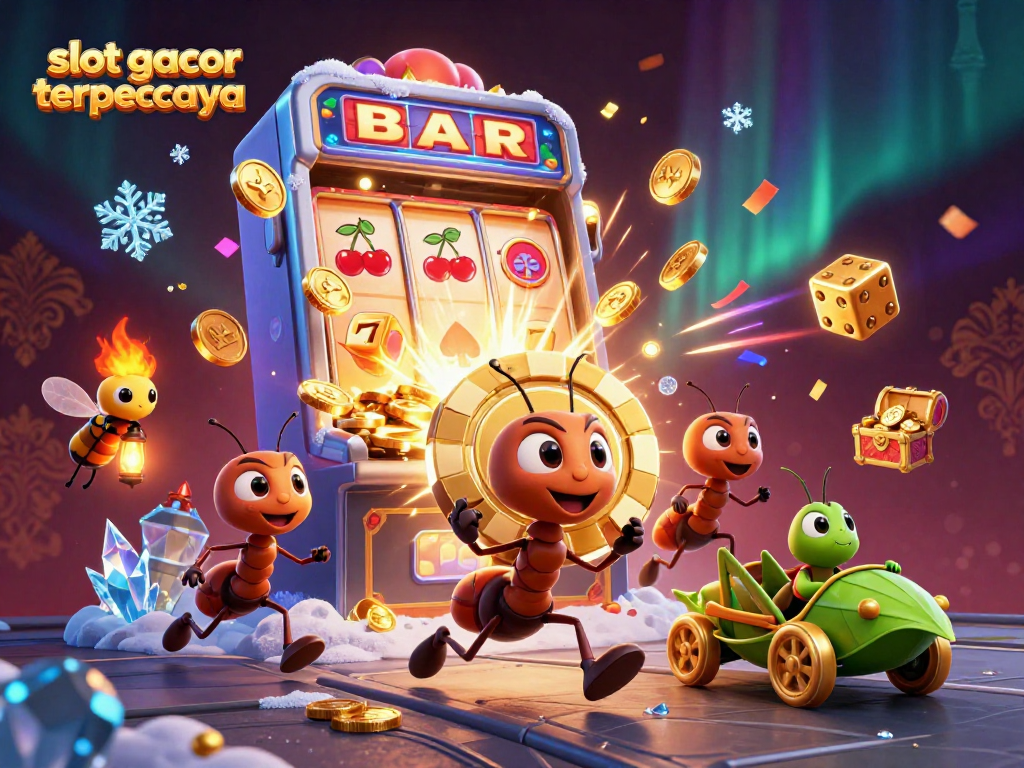 Play exciting slot gacor terpercaya with a dynamic heist scene featuring ants and vibrant casino elements.