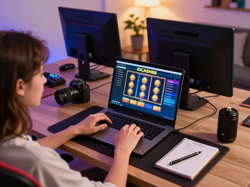 Engage with IDCASH88 online slot games in a modern gaming setup, showcasing gaming strategy and excitement.