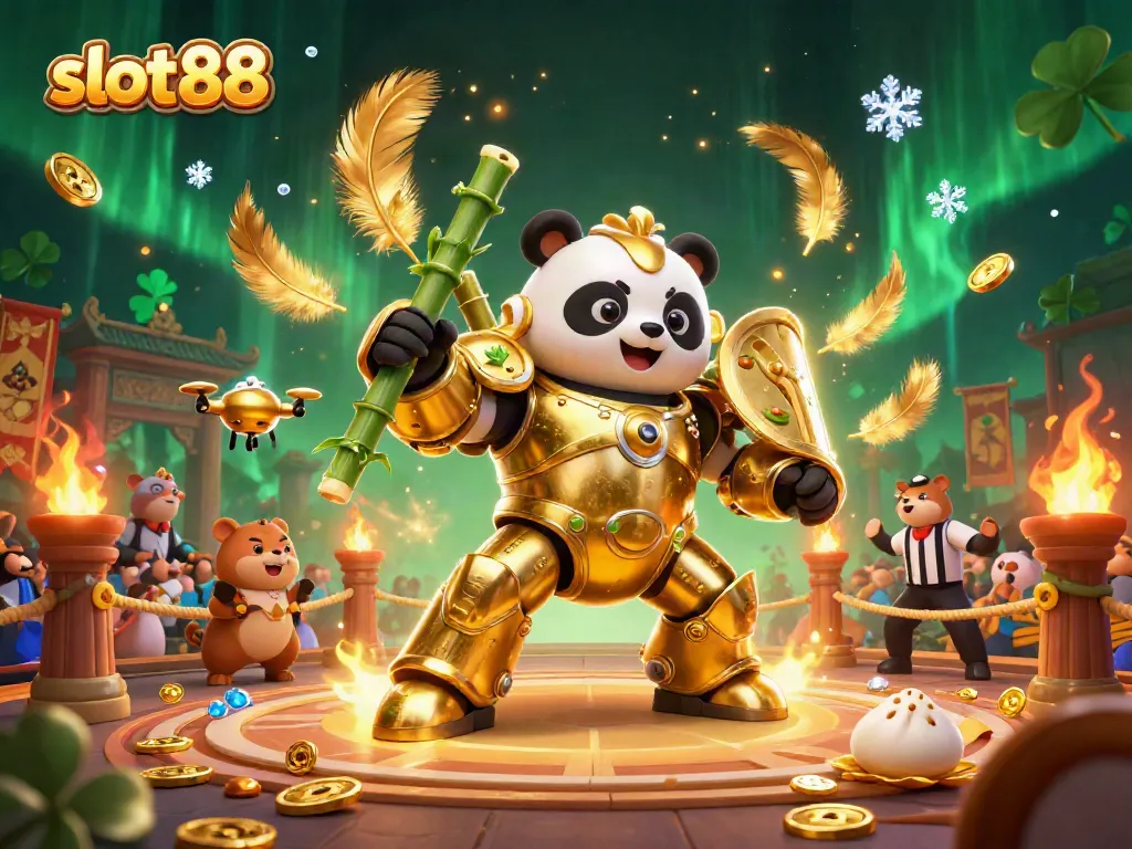 Experience thrilling slot88 gameplay with the mech-suit panda in an exciting arena adventure.