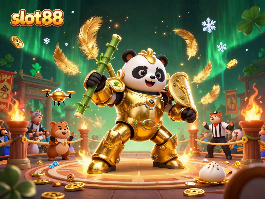 Experience thrilling slot88 gameplay with the mech-suit panda in an exciting arena adventure.